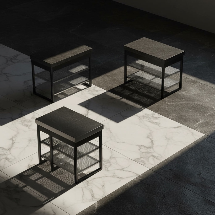 Cucina da esterno Fogher modello Larès modulare composizione FKC 001, quattro moduli con piani chiari e scuri