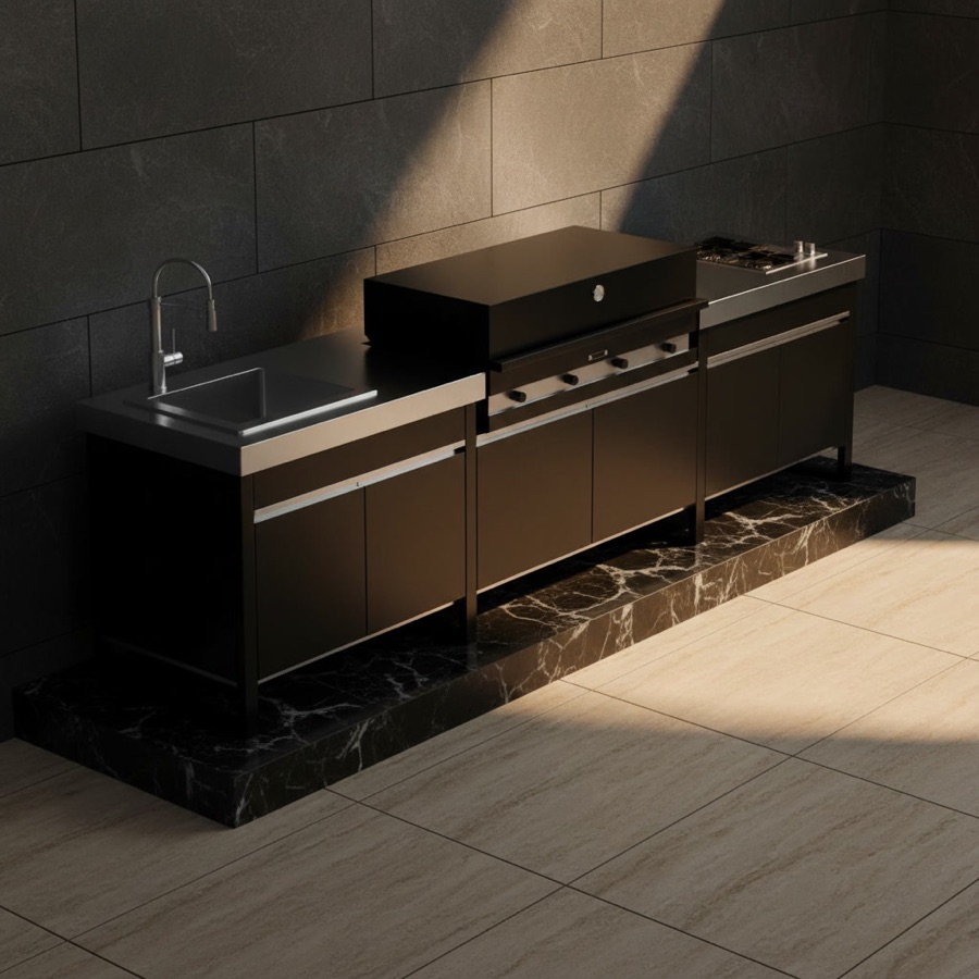 Cucina da esterno Fogher modello Larès modulare composizione FKC 004 nera con lavello, barbecue a incasso e fornello