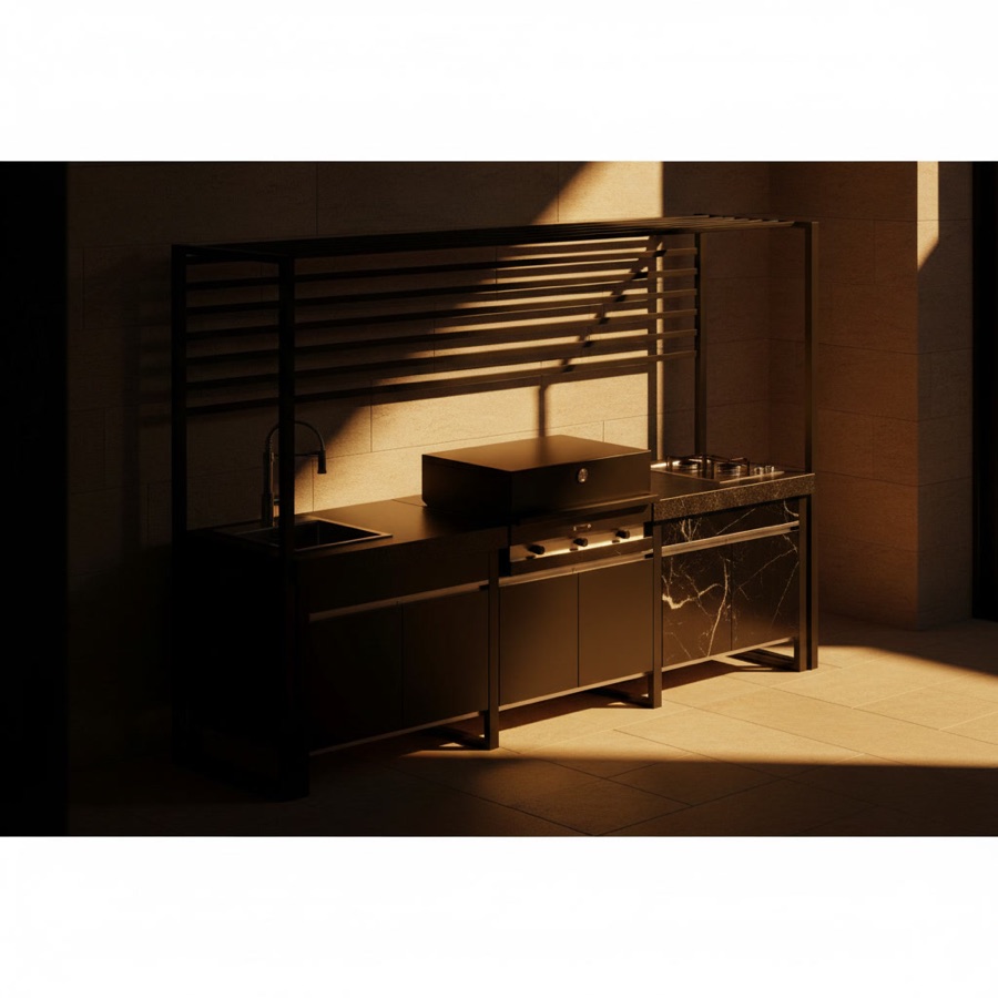 Cucina da esterno Fogher modello Larès modulare composizione FKC 005 nera con struttura a griglia, lavello e barbecue