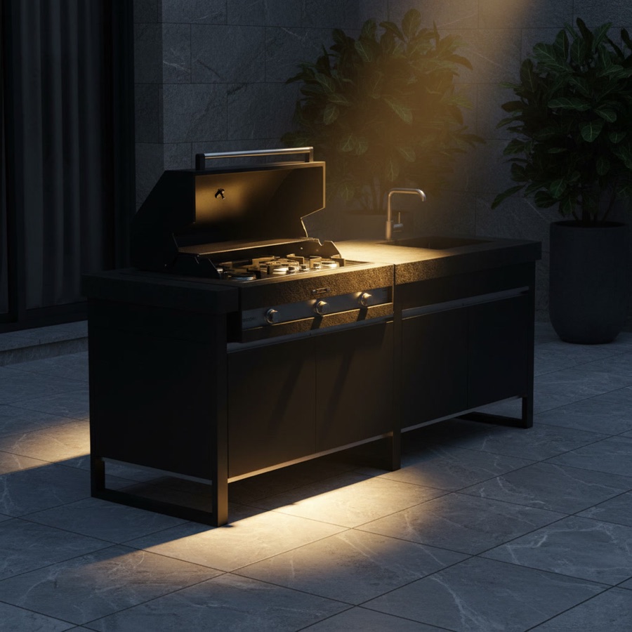 Cucina da esterno Fogher Larès modulare FKC 007 nera compatta con barbecue a incasso e fornelli a gas