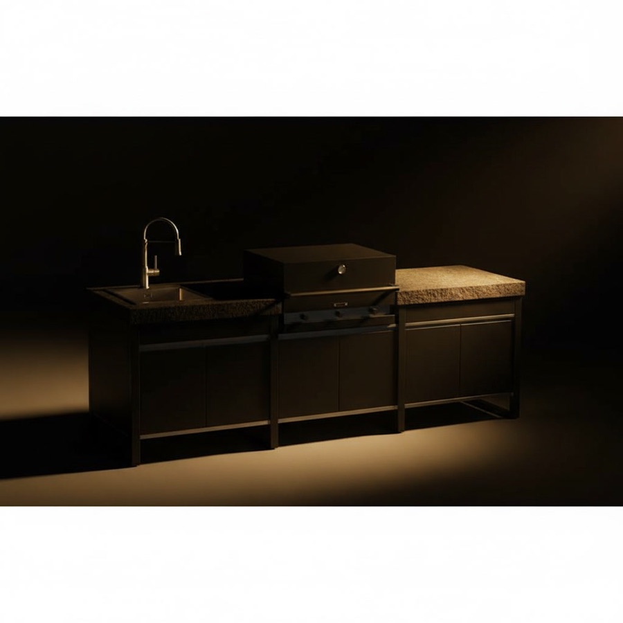 Cucina da esterno Fogher Larès modulare FKC 010 nera con lavello, barbecue a incasso e modulo basso di appoggio