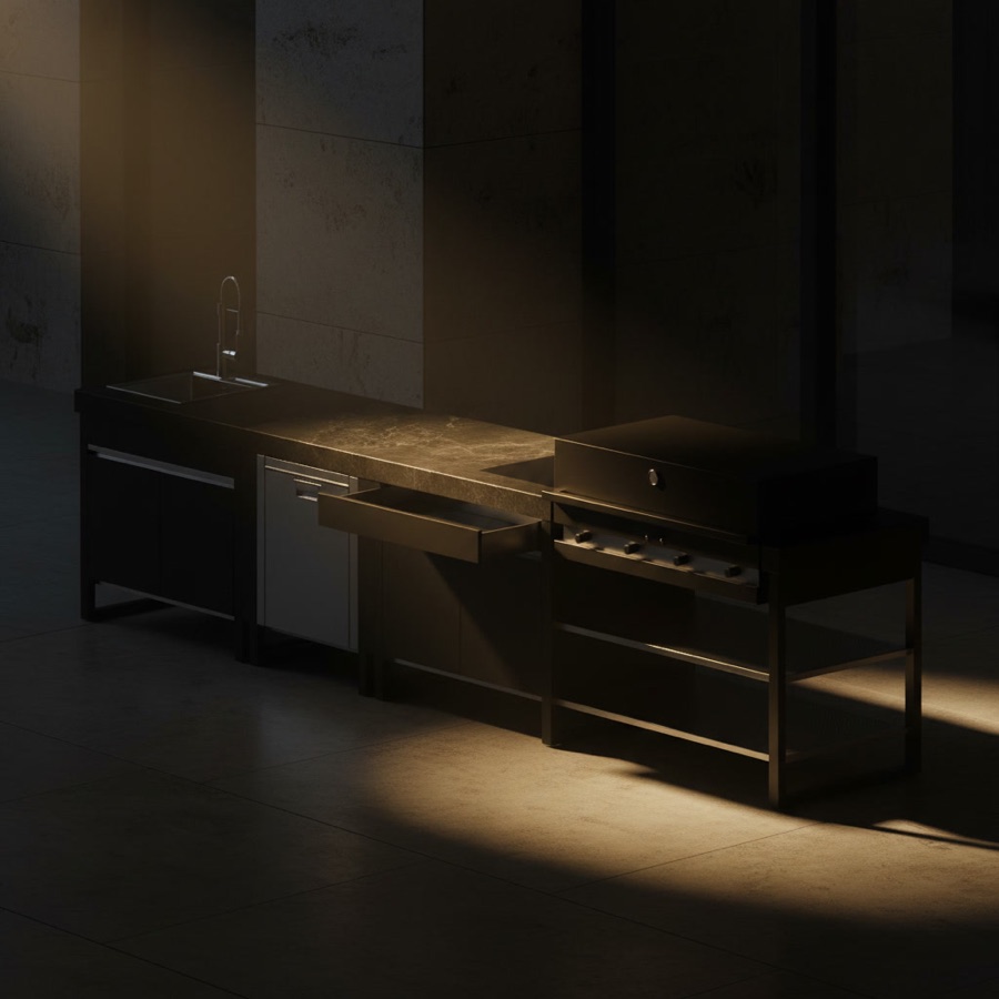 Cucina da esterno Fogher Larès modulare FKC 012 nera con lavello, modulo in acciaio, cassettiera e barbecue