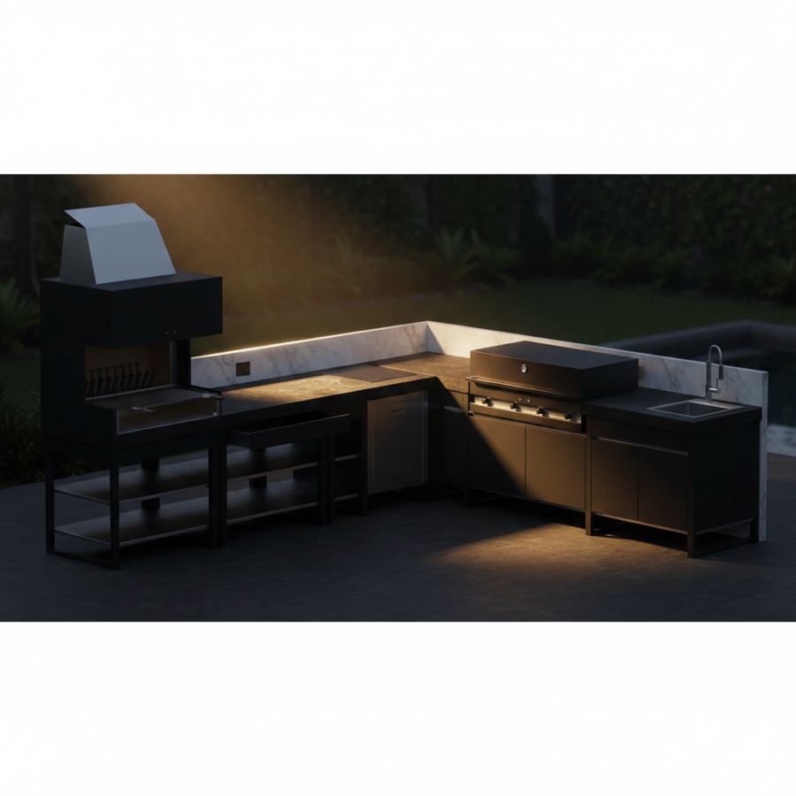 Cucina da esterno Fogher Larès modulare FKC 013 ad angolo con barbecue a legna con cappa, moduli neri e lavello