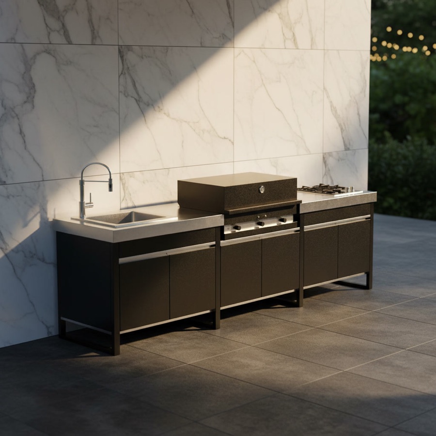 Cucina da esterno Fogher Larès modulare FKC 023 nera con piano in acciaio, lavello, barbecue e modulo di servizio