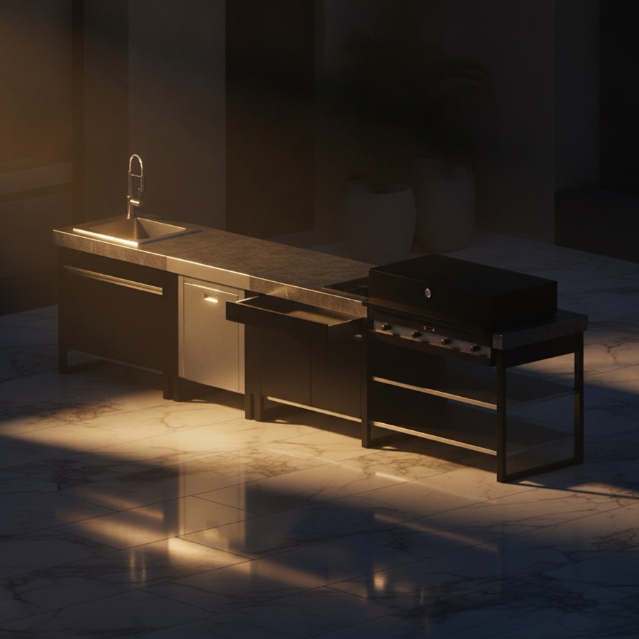 Cucina da esterno Fogher Larès modulare FKC 025 con grande lavello, moduli tecnici, cassettiera e barbecue a incasso