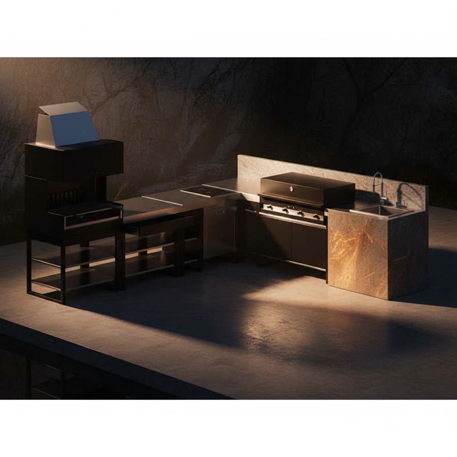 Cucina da esterno Fogher Larès modulare FKC 026 ad angolo con barbecue a legna con cappa, barbecue a incasso e lavello