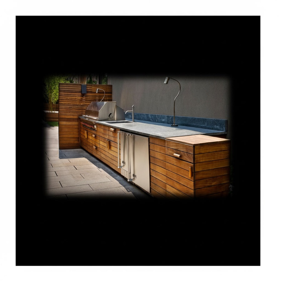 Cucina da esterno in legno trattato con barbecue professionale in acciaio, piano in composito e frigorifero da incasso