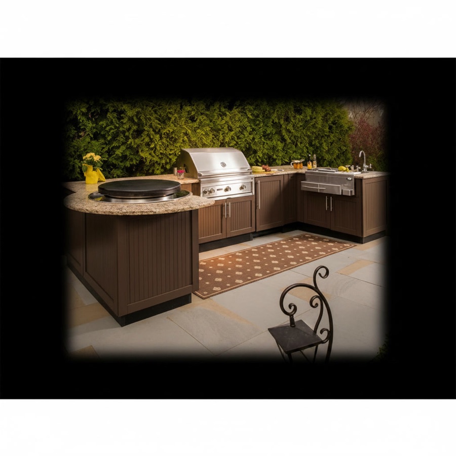 Cucina da esterno in granito con pianale a due livelli, basi in legno lavorato, barbecue con cappa e piastra