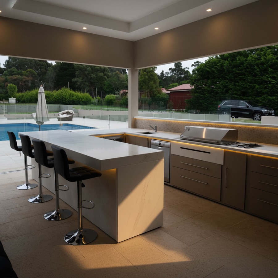 Cucina da esterno bordo piscina con bancone colazione, pianale in Laminam, led sotto il piano e acciaio da incasso