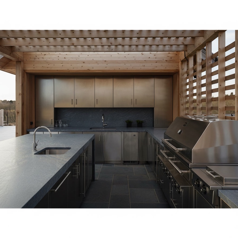 Cucina esterna con tettoia in legno, elettrodomestici e rivestimenti in acciaio inox, isola con lavello
