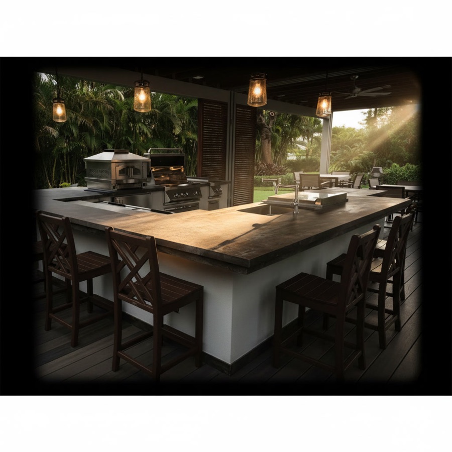 Cucina esterna con pianale in gres su due livelli, lavello incassato, barbecue in acciaio e sgabelli in legno