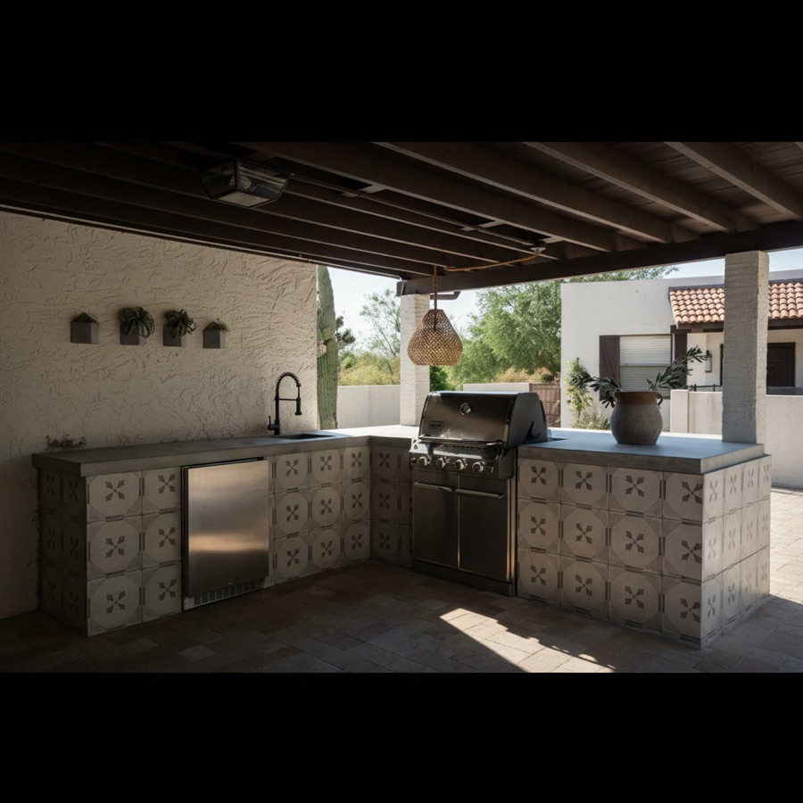 Cucina esterna rivestita in maioliche lavorate con frigorifero, lavello, barbecue in acciaio e piani in pietra refrattaria