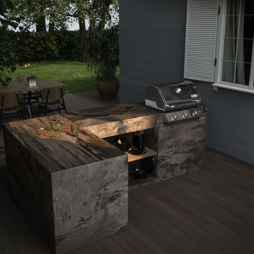 Cucina da esterno ad angolo in marmo venato bruno e grigio, con piani spessi e barbecue incassato, su terrazza in legno