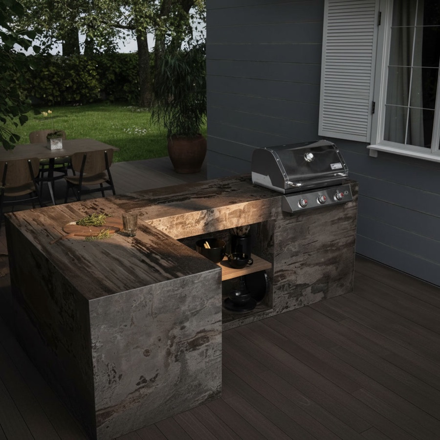 Cucina esterna realizzata in marmo venato con pianali spessi e barbecue da incasso, su terrazza in legno