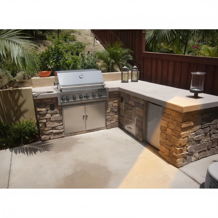 Cucina esterna in pietra a vista con pianale in pietra refrattaria e barbecue da incasso, tra piante tropicali