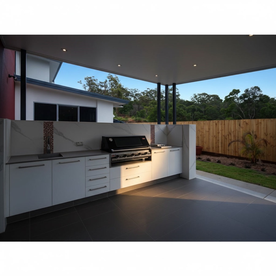 Cucina esterna completamente in gres e pietra sinterizzata bianca con barbecue da incasso, sotto copertura moderna