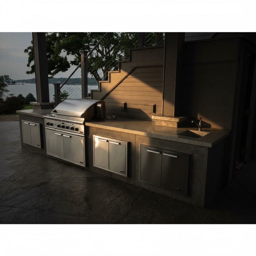Cucina esterna moderna con sportelli in acciaio, lavello e barbecue professionale, rivestimento in granito