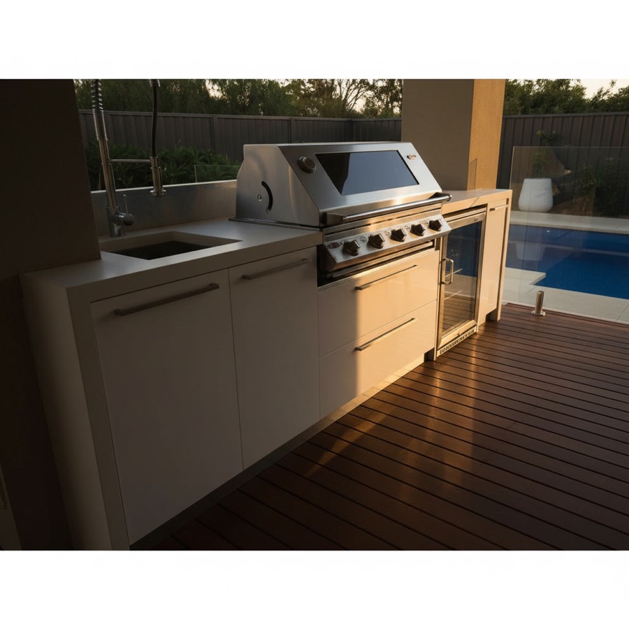Cucina da esterno moderna bordo piscina con piano in quarzo, barbecue a gas con vetro e frigorifero a vista