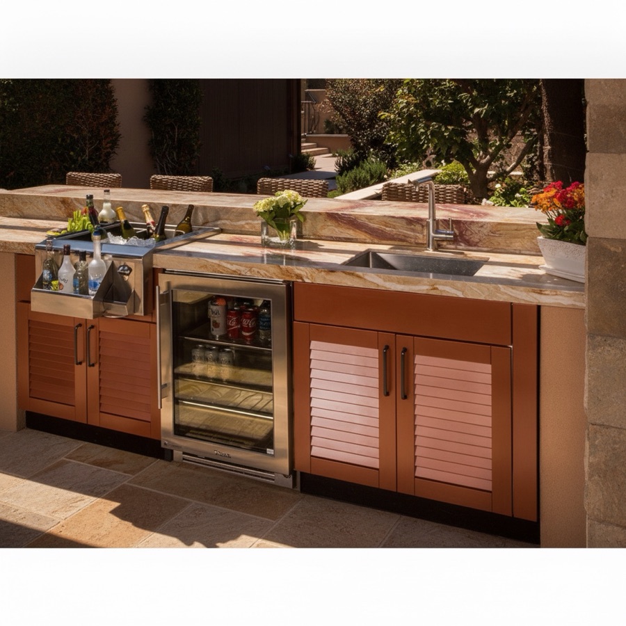 Cucina da esterno in pietra con barbecue professionale, frigorifero, porta bottiglie refrigerato e lavello