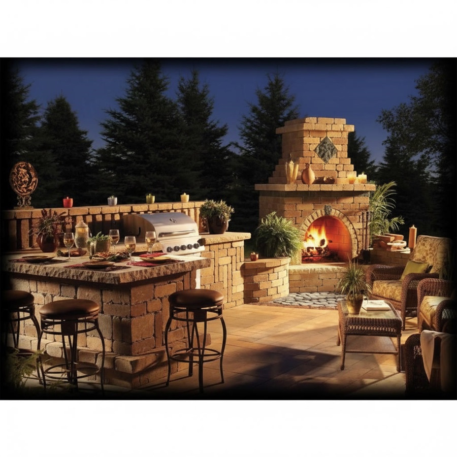 Cucina da esterno in pietra grezza con barbecue professionale e ampio camino in pietra, bancone con sgabelli, di sera