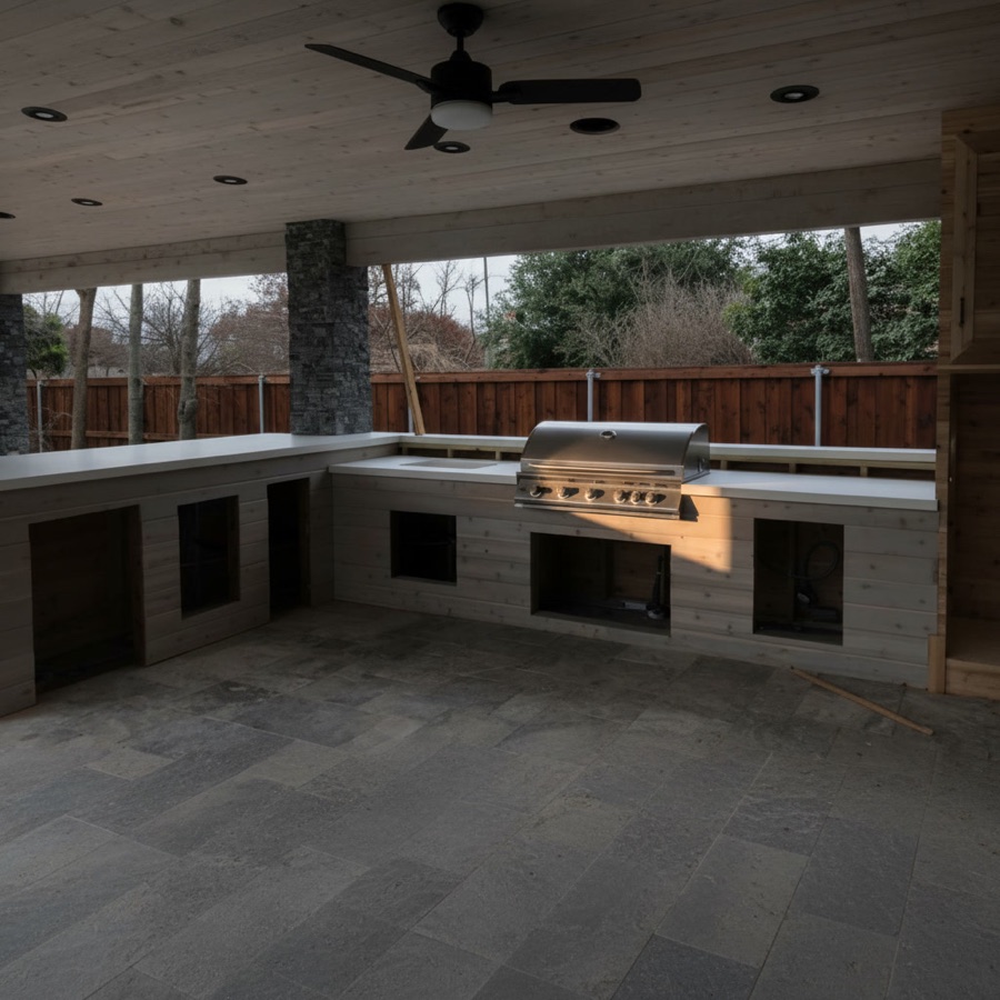 Cucina da esterno completamente in legno chiaro con fornello, lavello e barbecue da incasso, sotto copertura