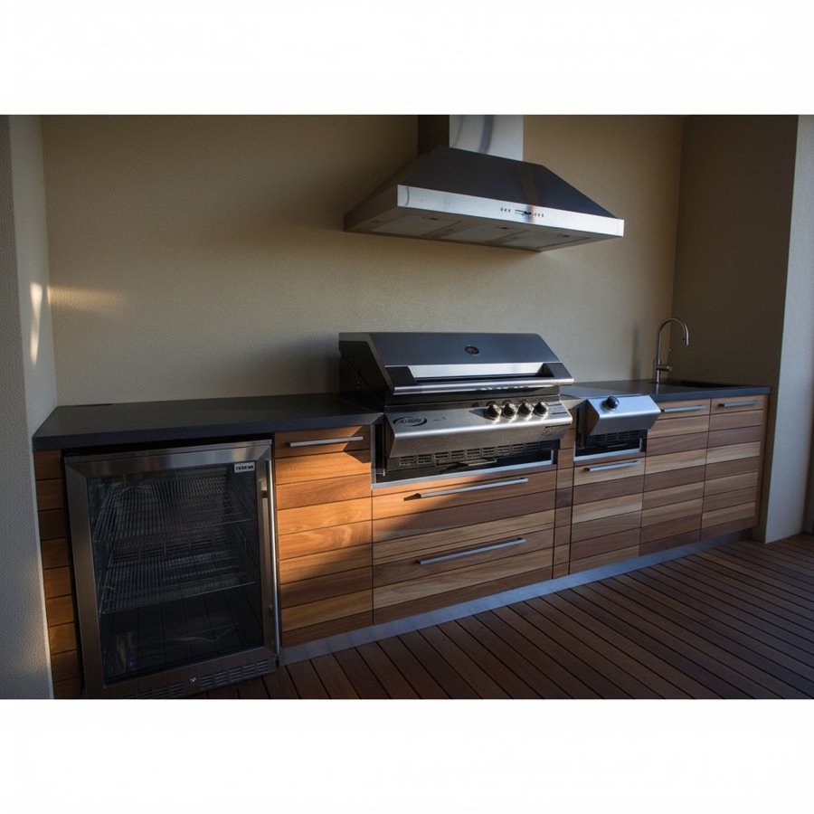 Cucina da esterno in legno teak e marmo nero con barbecue a gas, cappa in acciaio e cantinetta refrigerata
