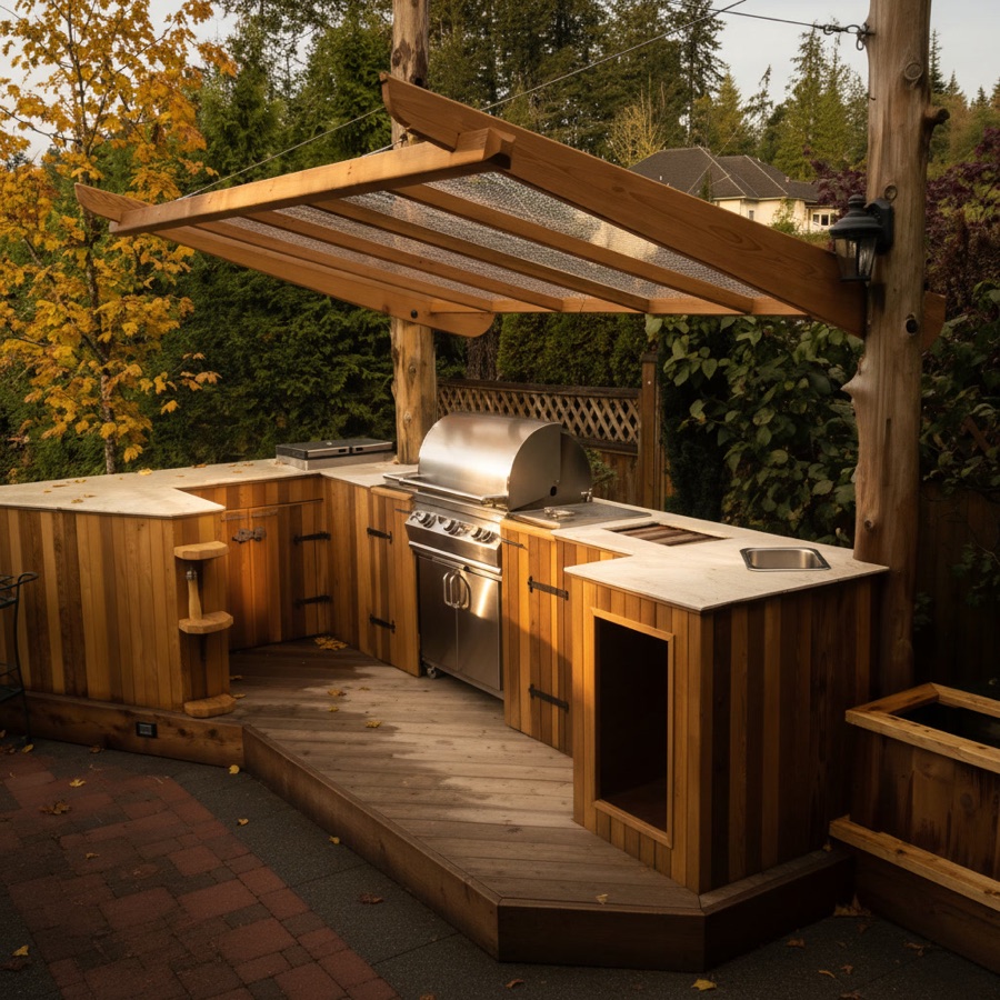 Cucina da esterno in legno trattato con tettoia inclinata, piattaforma in legno e barbecue a gas in acciaio