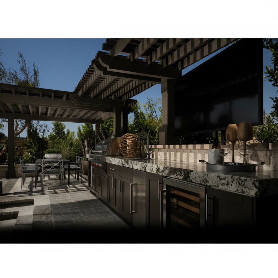 Cucina da esterno con rivestimento in marmo, pianale in acciaio, frigorifero a vista e barbecue a gas sotto pergola