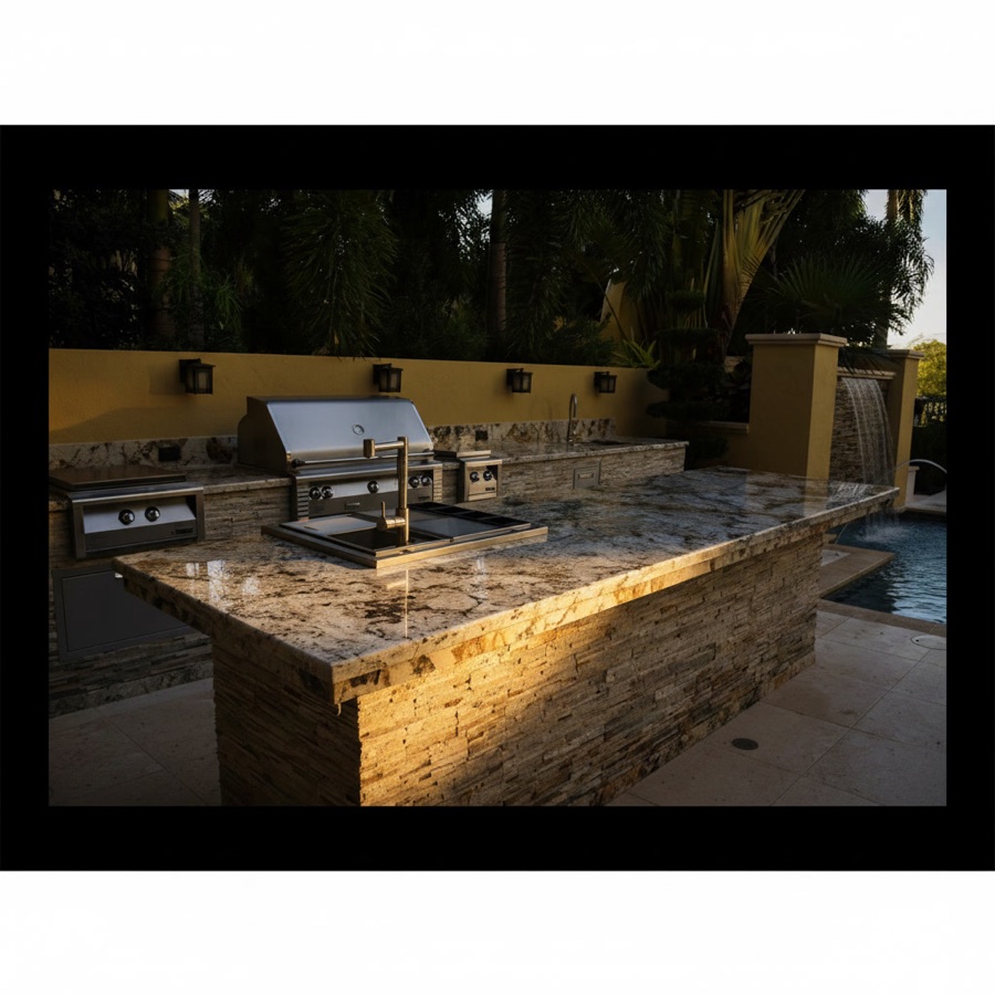 Cucina da esterno completamente in marmo con barbecue a gas, sportelli in acciaio e piscina con cascata alle spalle
