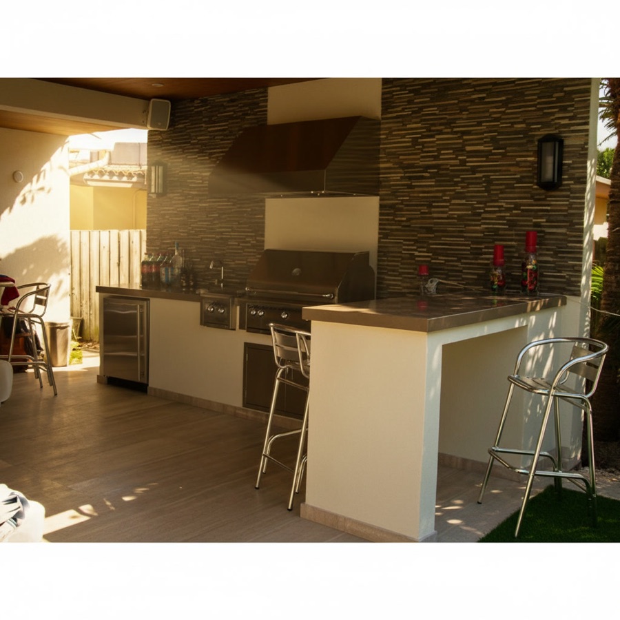 Cucina lineare moderna con sportelli inox, frigorifero, cappa in acciaio e bancone bianco con sgabelli