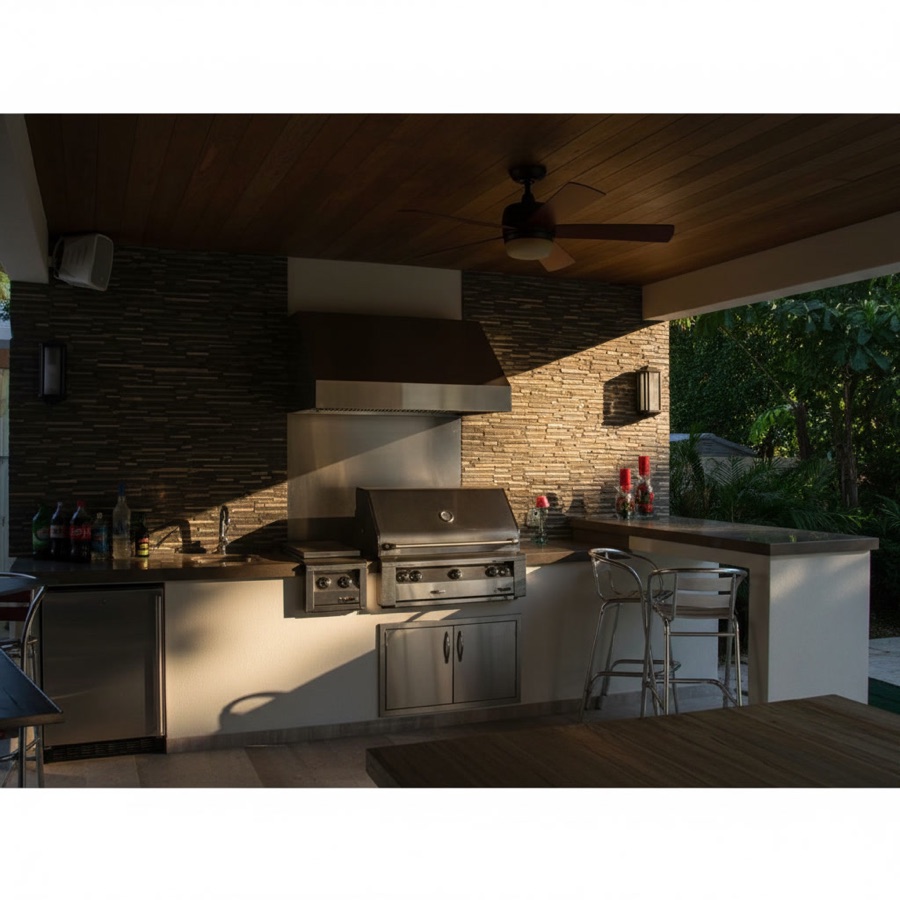 Cucina lineare moderna da esterno con sportelli inox, frigorifero, barbecue in acciaio da incasso e cappa