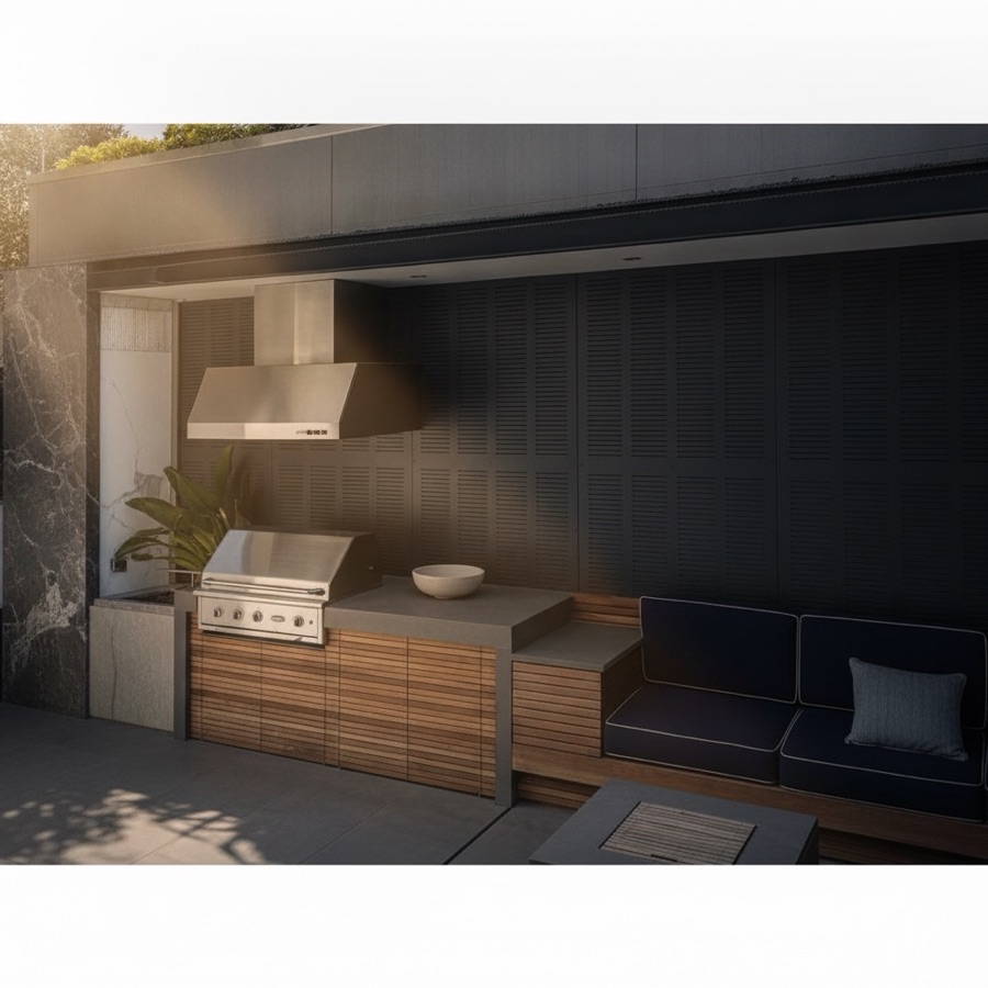 Cucina da esterno con parete in Dekton scuro, base in doghe di legno, barbecue a gas e cappa in acciaio