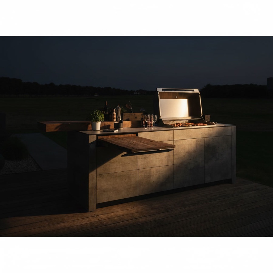 Isola barbecue con effetto pietra, pianale a sbalzo in legno e barbecue a gas incassato, davanti alla campagna
