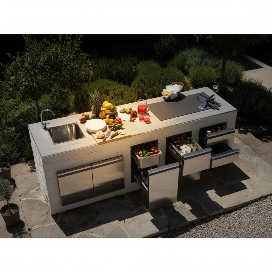 Isola cucina da esterno con lavello, piano di lavoro e dispensa refrigerata a cassetti con verdure fresche