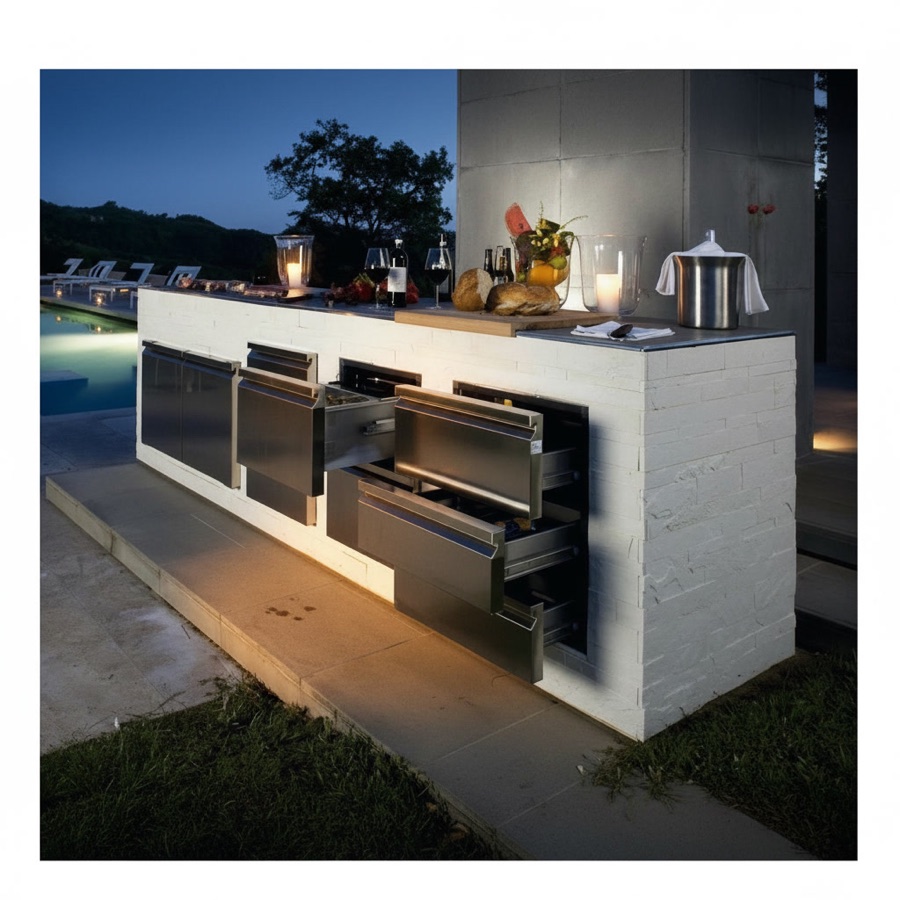 Isola cucina da esterno bordo piscina con rivestimento in pietra bianca e elettrodomestici da incasso in acciaio