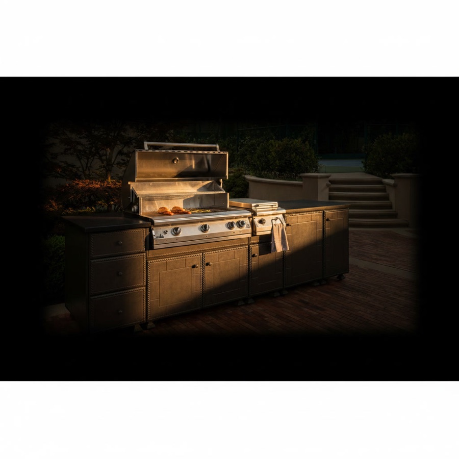 Cucina da esterno monoblocco con cassetti, barbecue a gas con coperchio aperto e pensili con apertura a gola