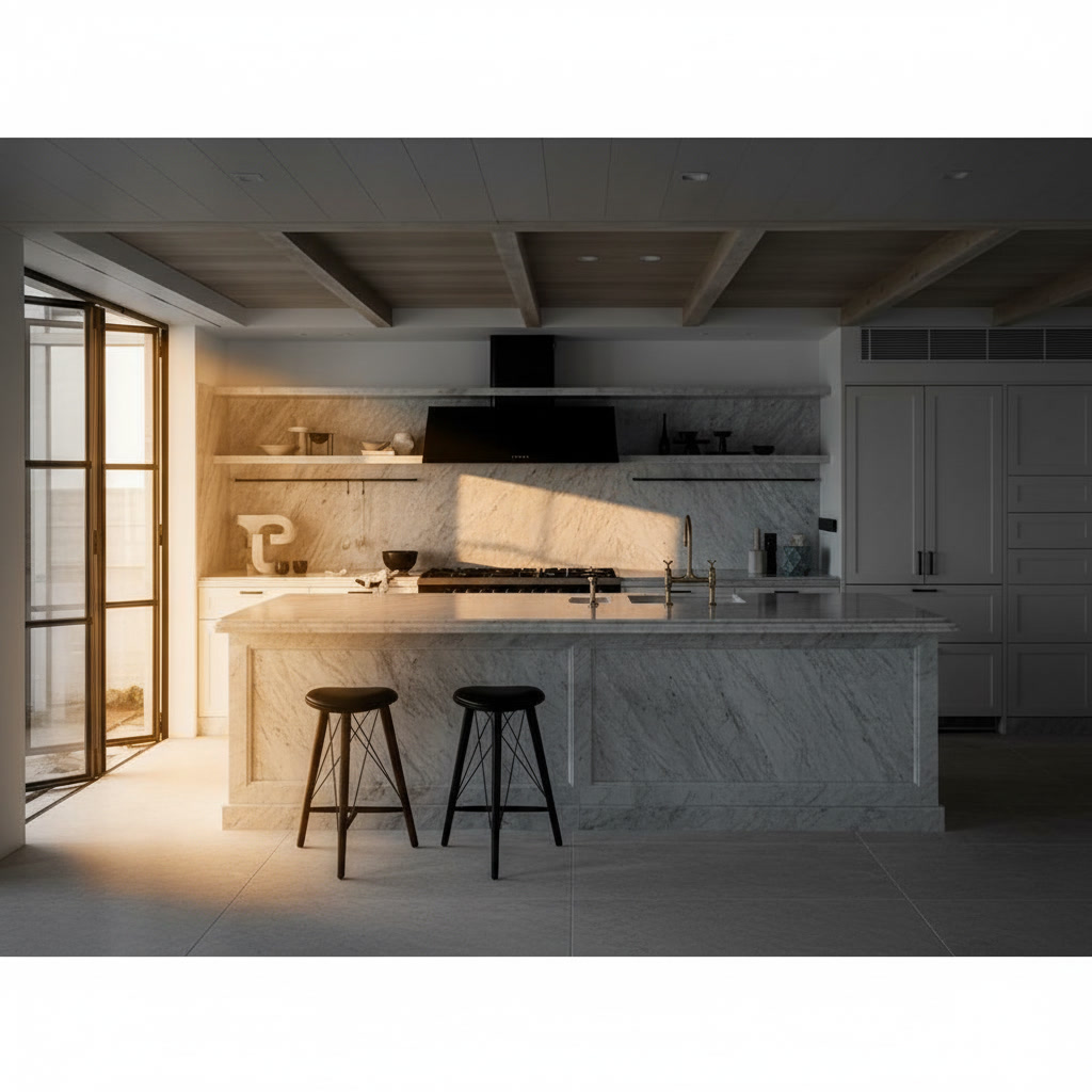 Cucina con isola interamente in marmo di Carrara, cappa nera a contrasto e sgabelli scuri