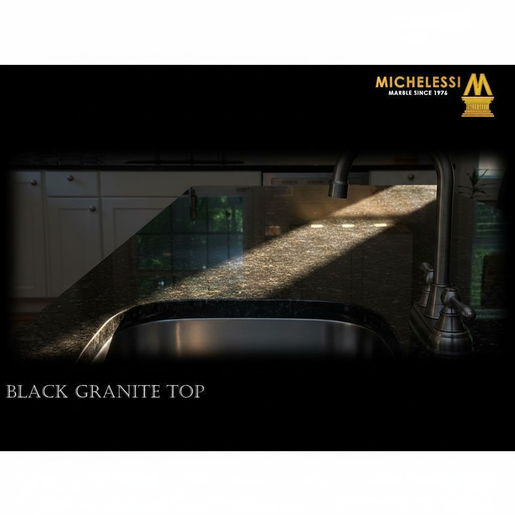 Top cucina in quarzo nero con lavello incassato stondato e rubinetteria classic chic