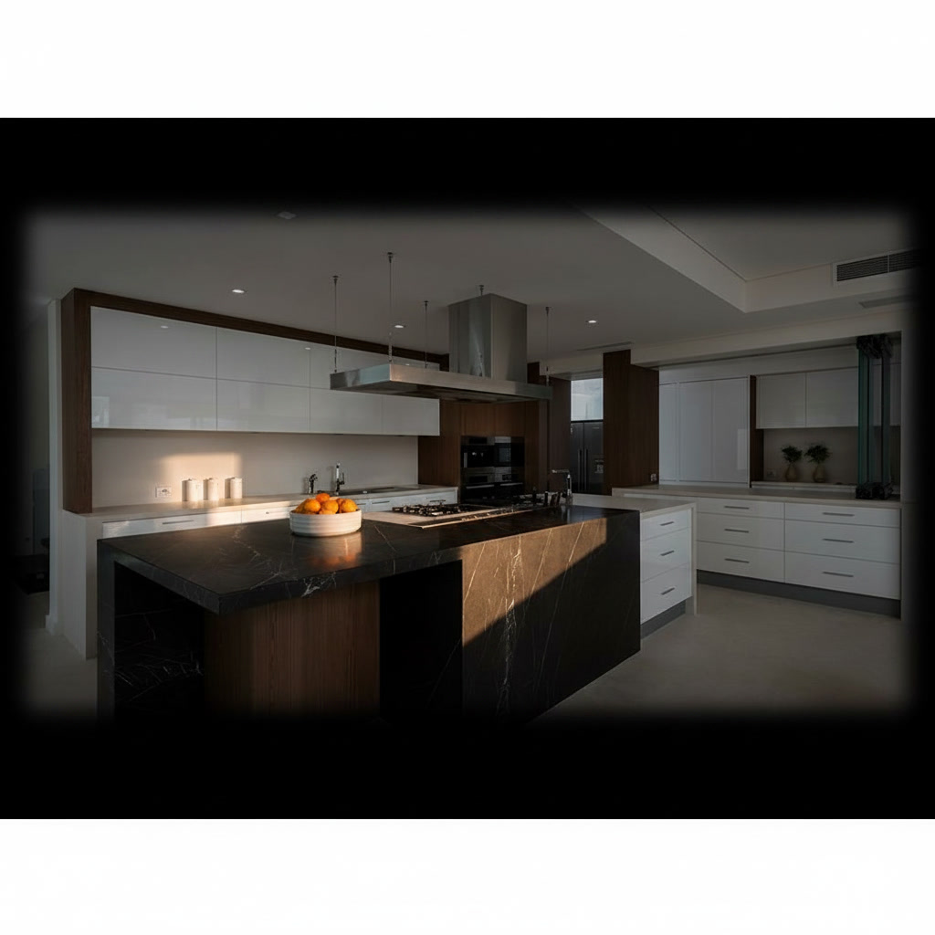Cucina moderna con isola in marmo nero graffiato grigio, inserti in legno e cappa in acciaio