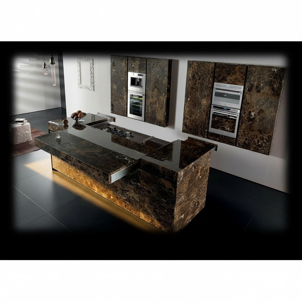 Cucina ultramoderna con isola in marmo brown, forni e cantina incassati rivestiti in marmo
