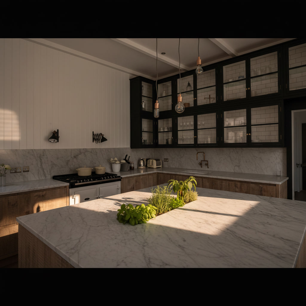 Cucina in marmo di Carrara con pensili a vista neri a contrasto e isola con erbe fresche