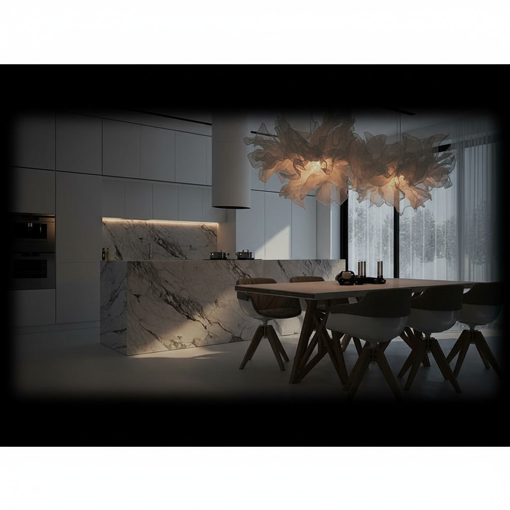 Cucina moderna con isola marble block in marmo venato, tavolo bianco e sedie di design
