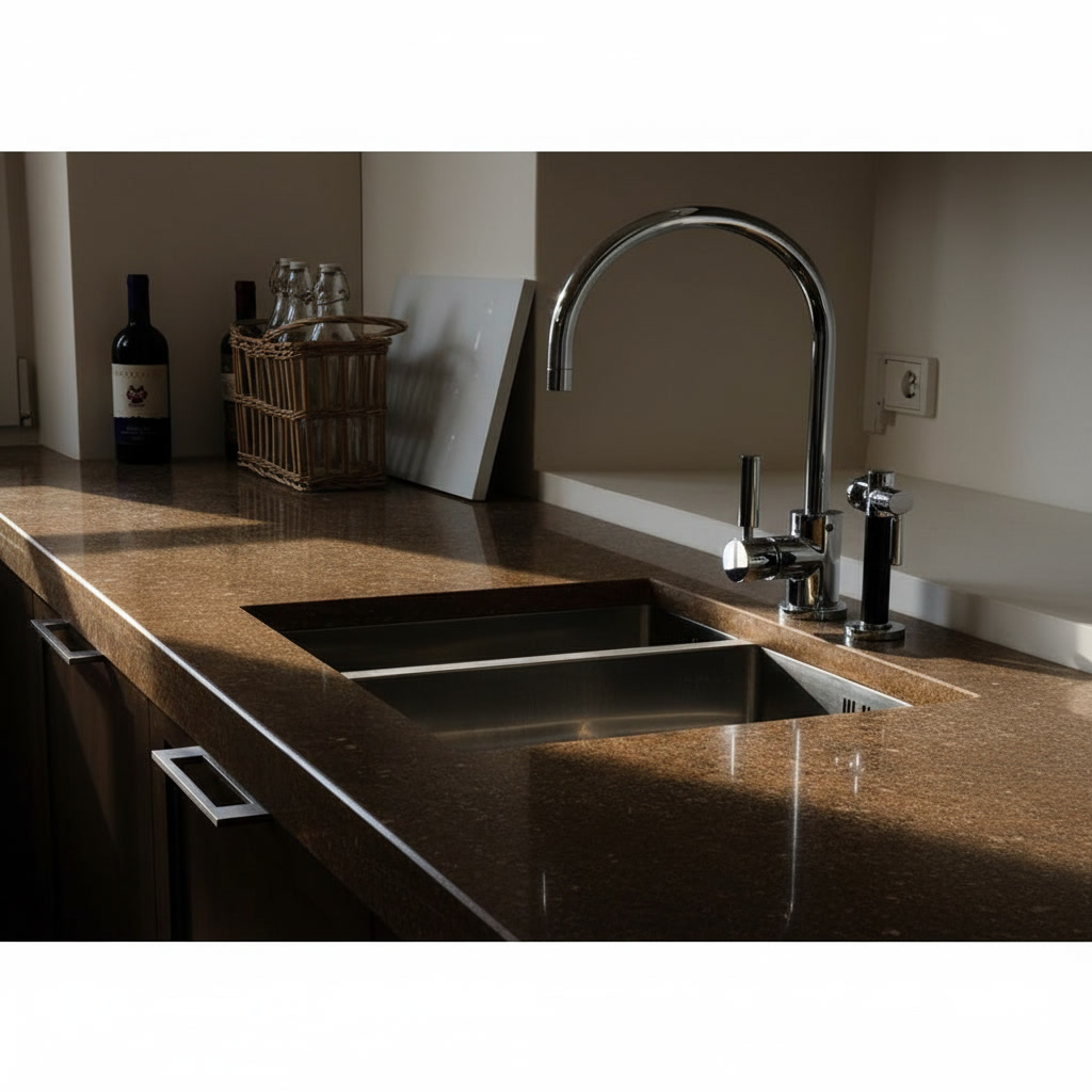 Top cucina in granito brown levigato con lavello in acciaio incassato e rubinetteria classica