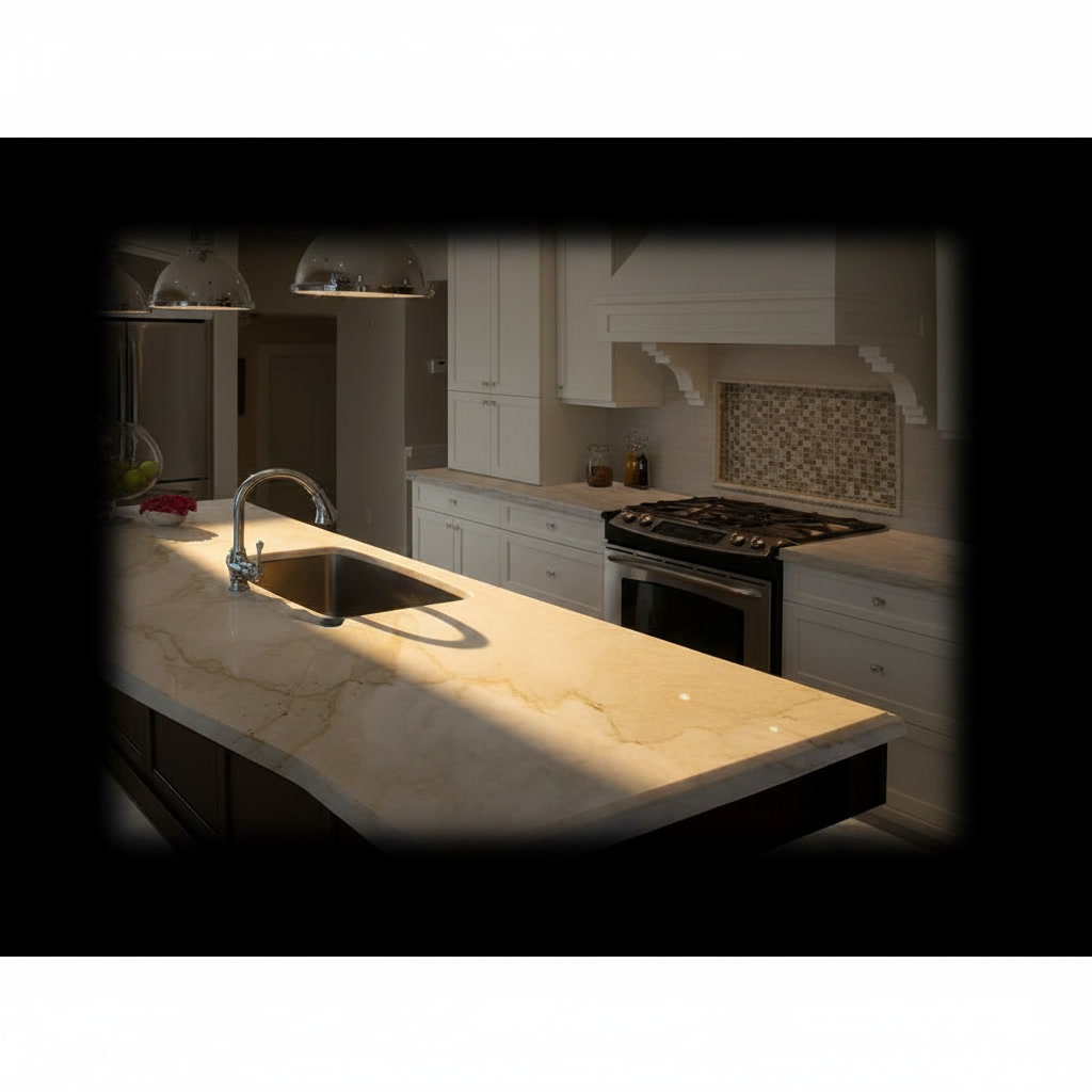 Cucina classica con pensili bianchi e isola in marmo botticino dalle curve sinuose