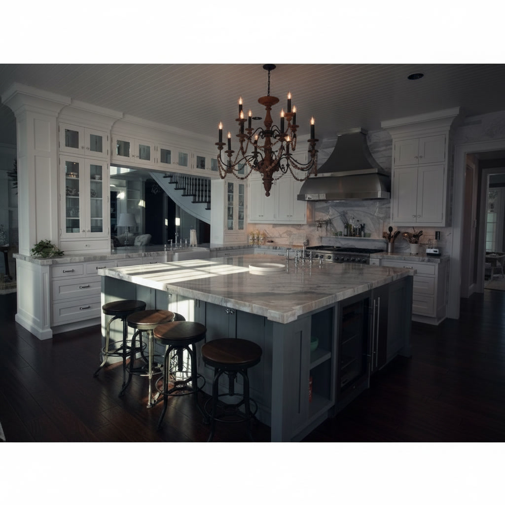Cucina classica americana con pensili in legno bianco, isola in marmo di Carrara e lampadario