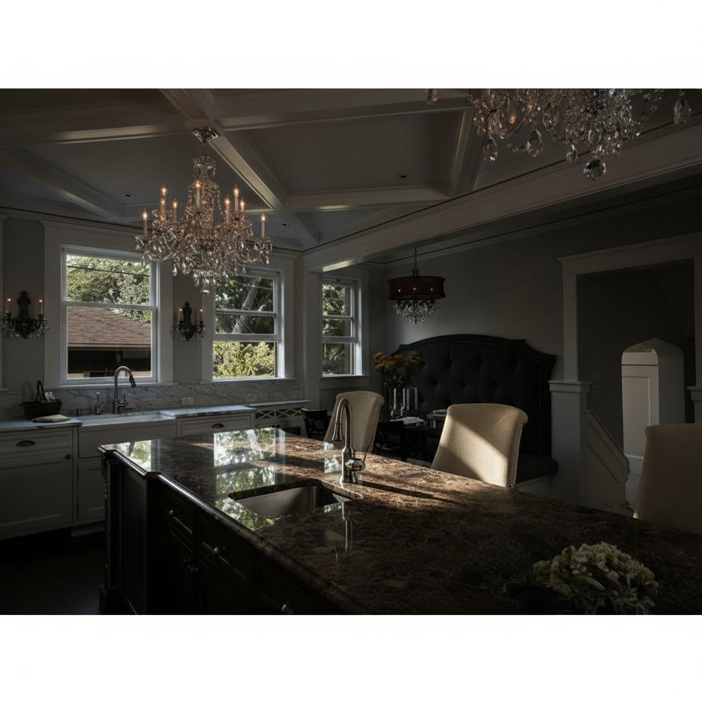Cucina classica chic con mobili laccati bianchi, marmo brown dark e lampadari di cristallo
