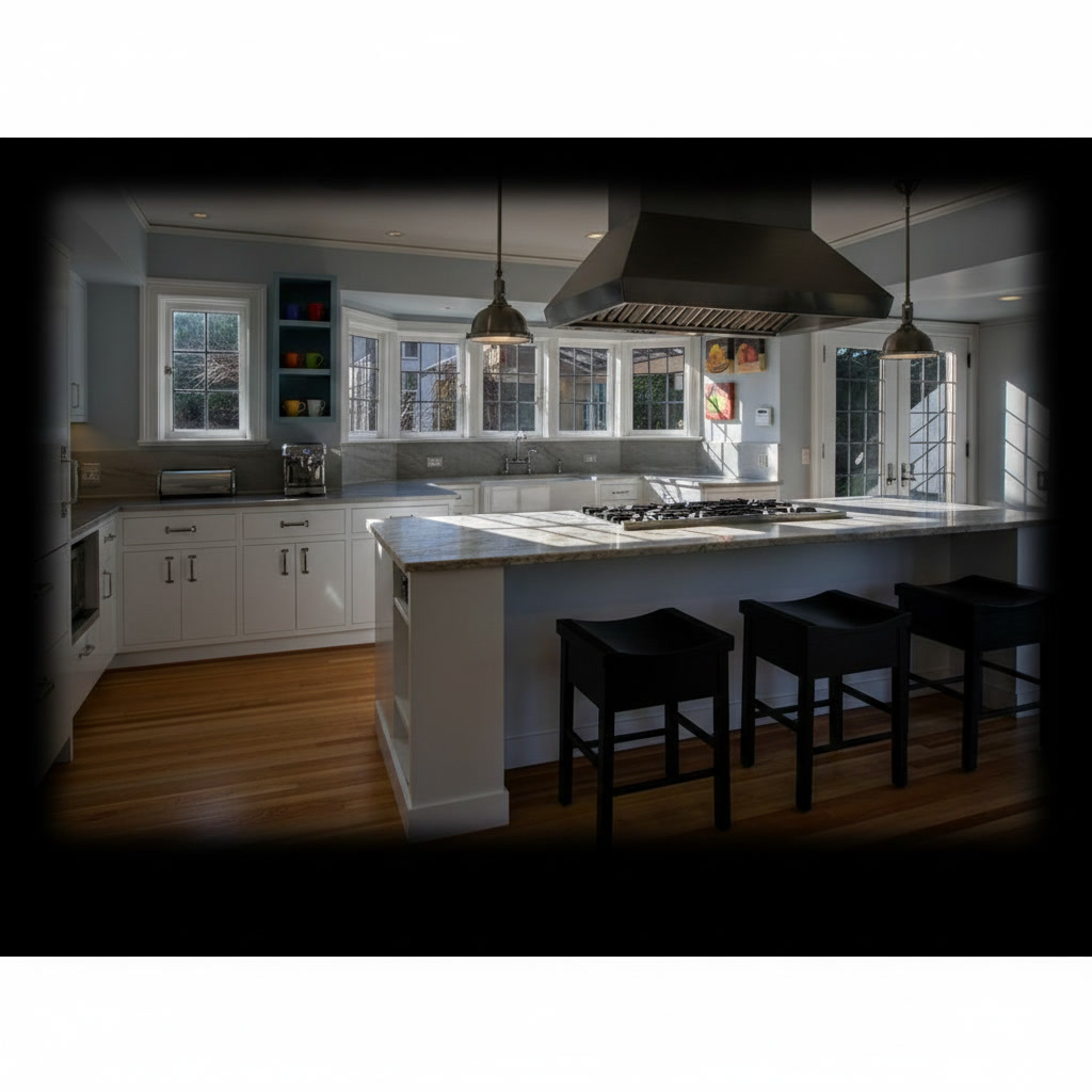 Cucina da interno in legno laccato bianco con piano in travertino e isola centrale