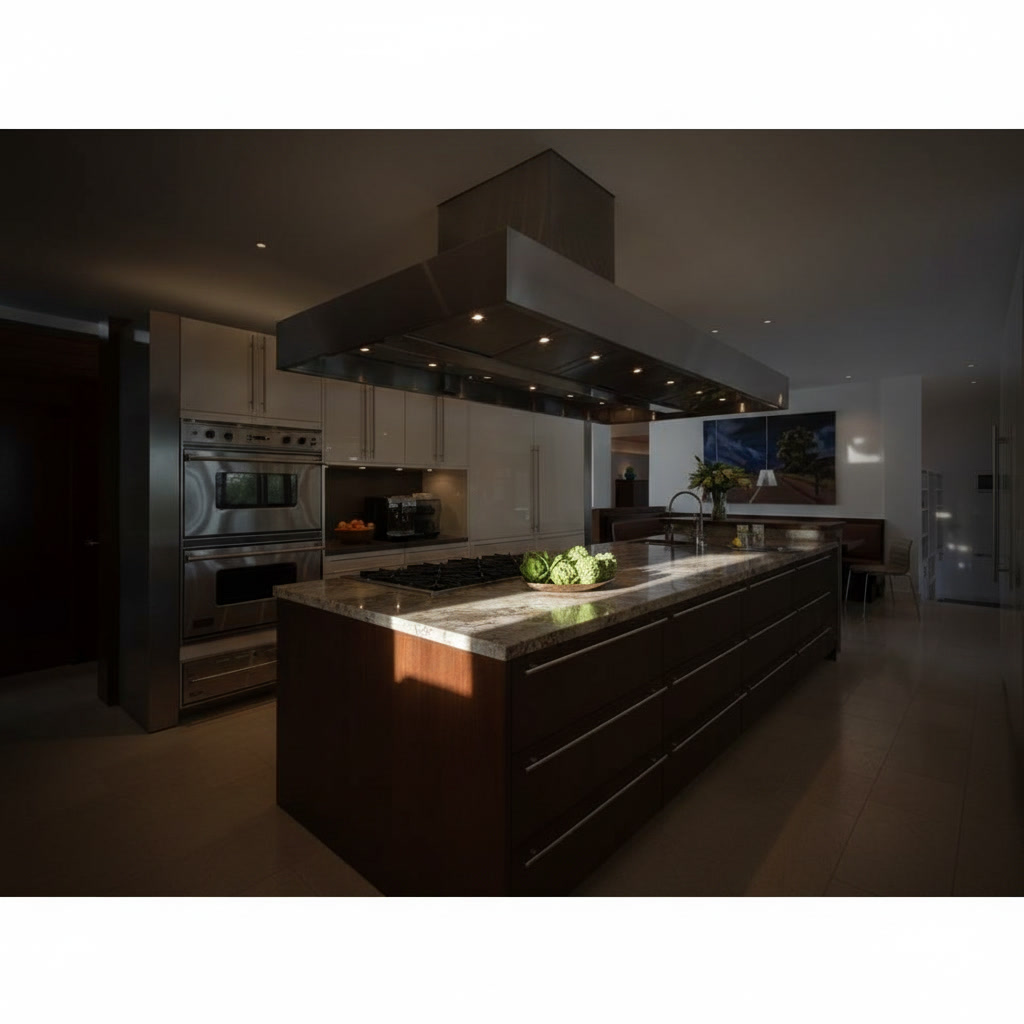 Cucina in legno laccato con piano in gres porcellanato, luci led e doppia colonna forni