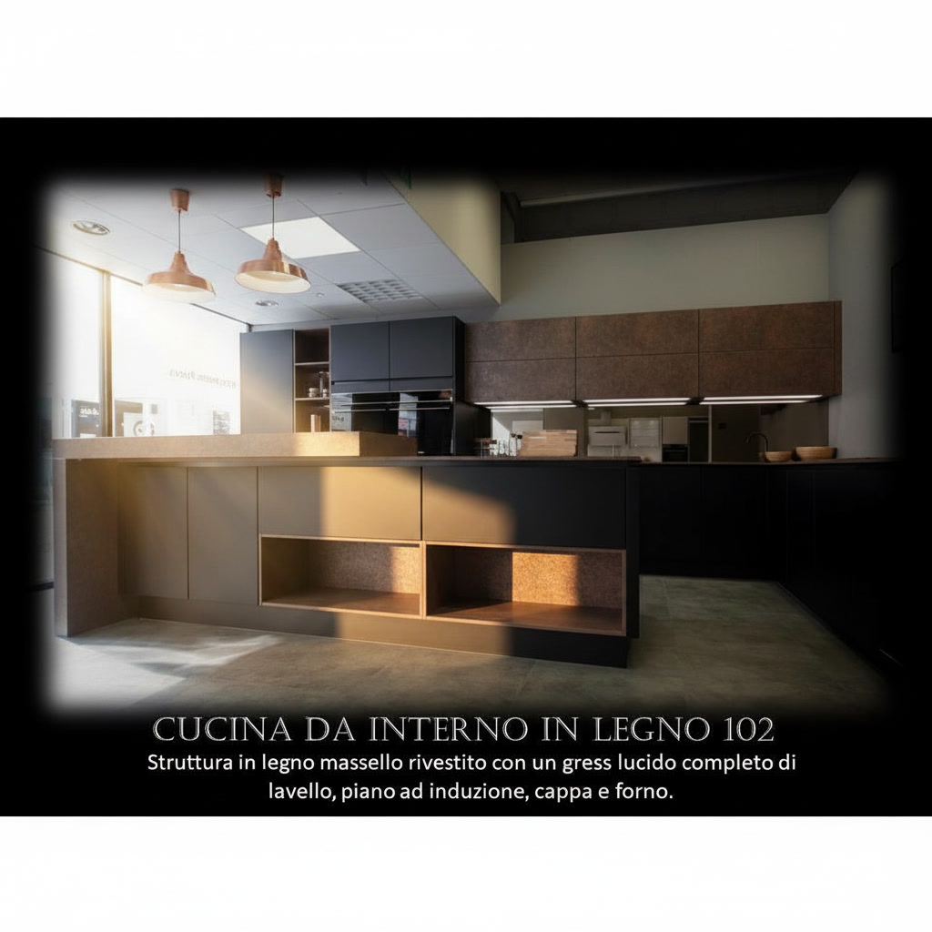 Cucina in legno massello rivestita in gres con volumi blu scuro e penisola effetto corten