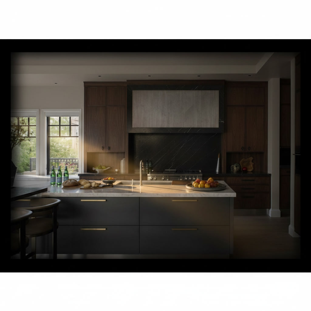 Cucina in legno con top e piano in gres, isola grigia con maniglie dorate e colonne in noce